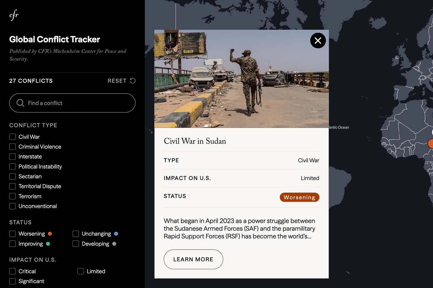 Global Conflict Tracker homepage, alternate view